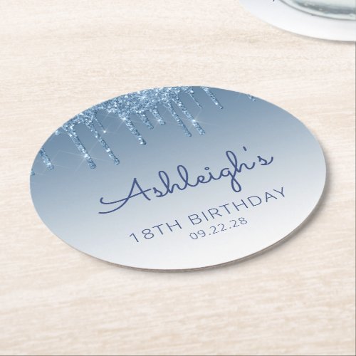 Blue Glitter Drip 18th Birthday Party  Round Paper Coaster