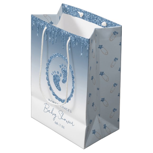 Blue Glitter Drip Baby Shower Gift Bag (Front Angled)