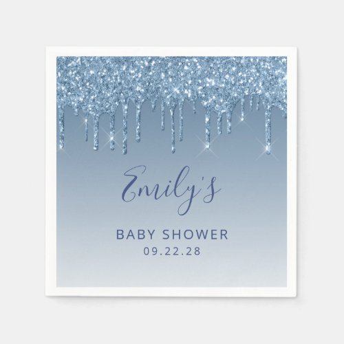 Blue Glitter Drip Baby Shower Napkins