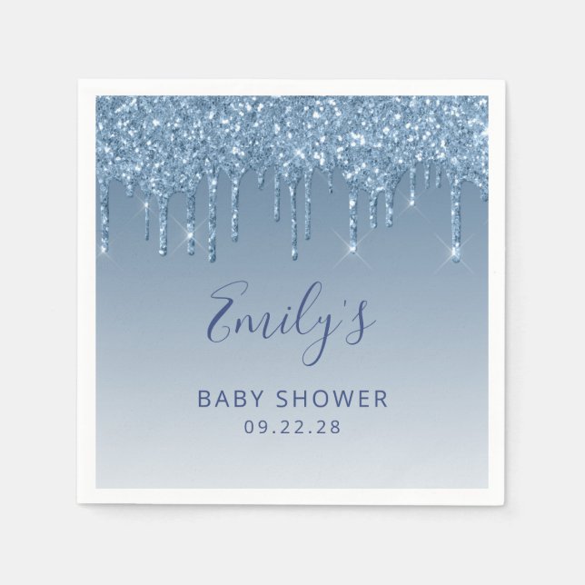 Blue Glitter Drip Baby Shower Napkins (Front)