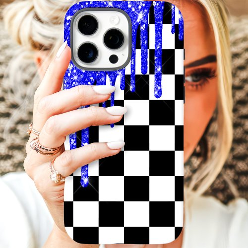 Blue Glitter Drip Checkerboard Iphone 16 Pro Max Case