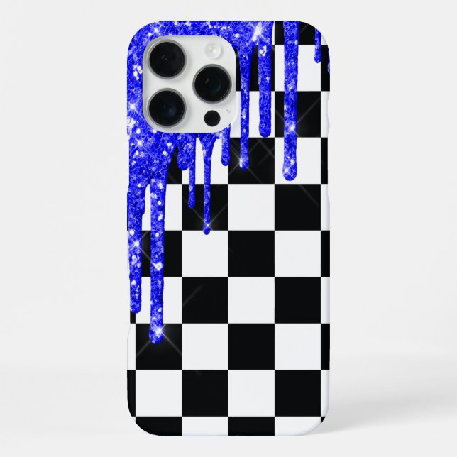 Blue Glitter Drip Checkerboard Iphone Case (Back)