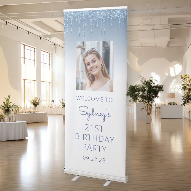 Blue Glitter Drip Custom Photo 21st Birthday Party Retractable Banner (Creator Uploaded)