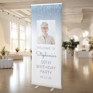 Blue Glitter Drip Custom Photo 50th Birthday Party Retractable Banner