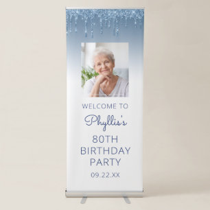 Blue Glitter Drip Custom Photo 80th Birthday Party Retractable Banner