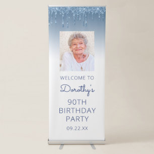 Blue Glitter Drip Custom Photo 90th Birthday Party Retractable Banner