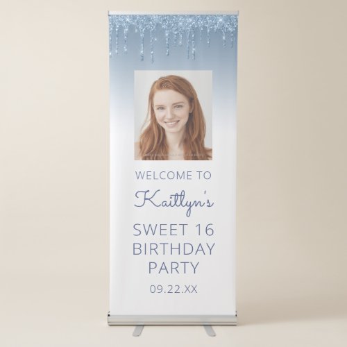 Blue Glitter Drip Custom Photo Sweet 16 Party Retractable Banner