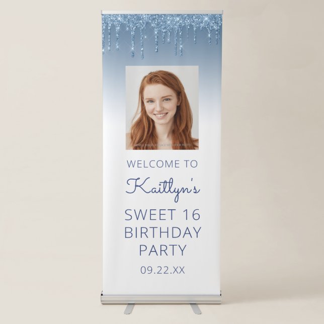 Blue Glitter Drip Custom Photo Sweet 16 Party Retractable Banner (Front)