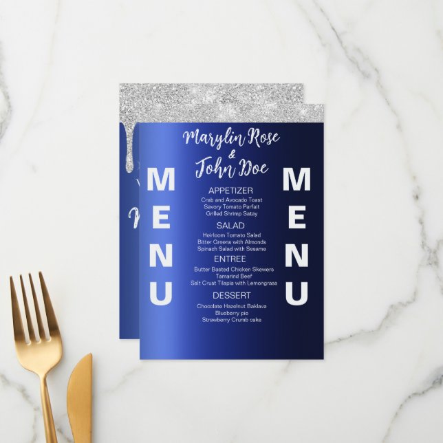 BLUE GLITTER DRIP ELEGANT WEDDING MENU (Front/Back In Situ)