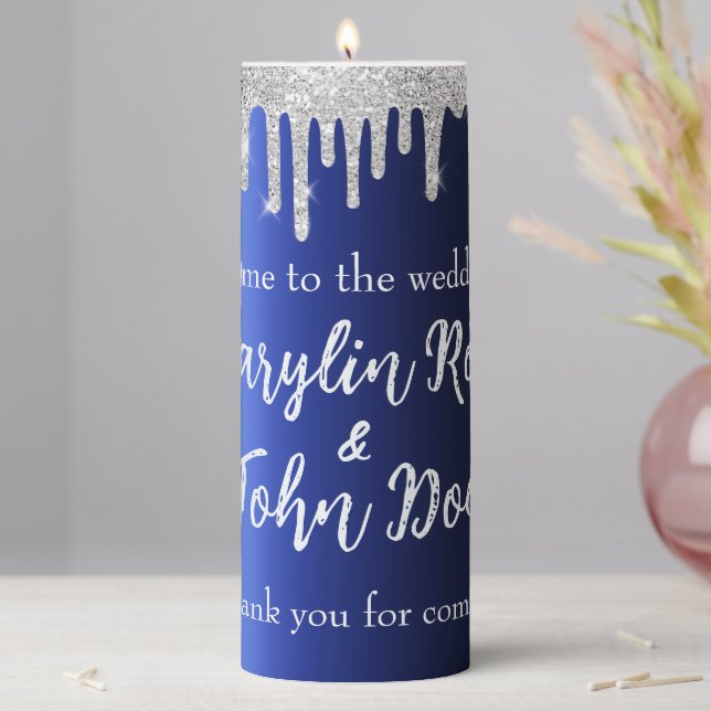 BLUE GLITTER DRIP ELEGANT WEDDING PILLAR CANDLE (In Situ)