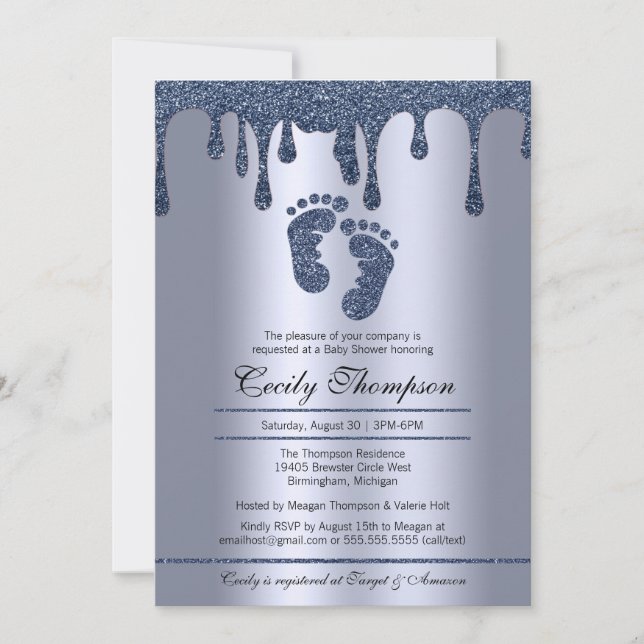 Blue Glitter Drip Luxury Metallic Baby Feet Shower Invitation (Front)