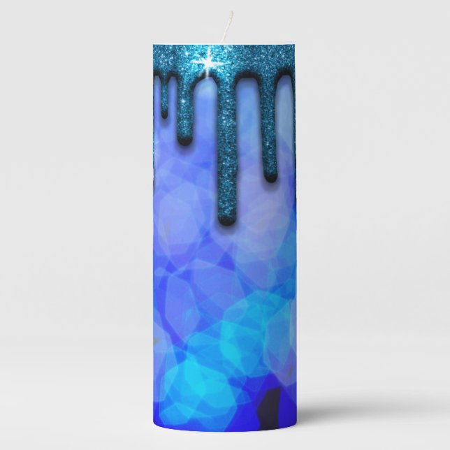 Blue Glitter Drip Pillar Candle (Front)