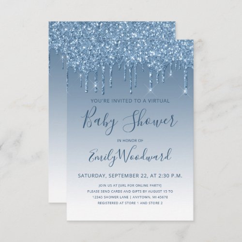Blue Glitter Drip Virtual Baby Shower Invitation