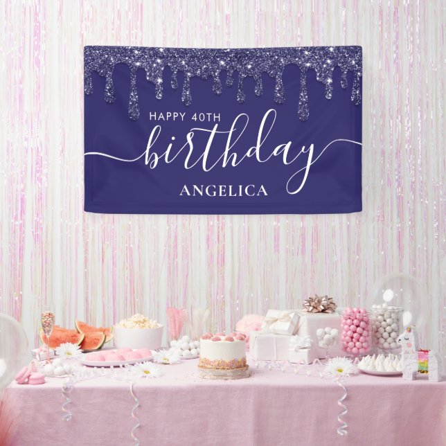Blue Glitter Dripping Custom Happy 40th Birthday  Banner (Party)