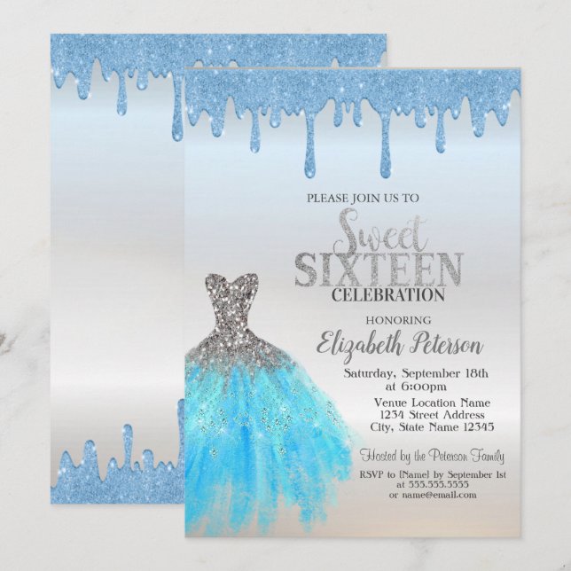 Blue Glitter Drips,Blue Dress Silver Sweet 16  Invitation (Front/Back)
