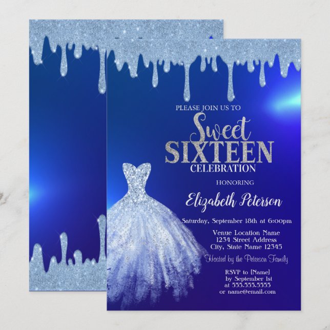  Blue Glitter Drips,Dress Blue Sweet 16 Invitation (Front/Back)