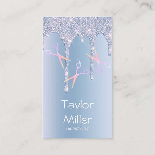 Blue glitter drips holographic scissors hair business card