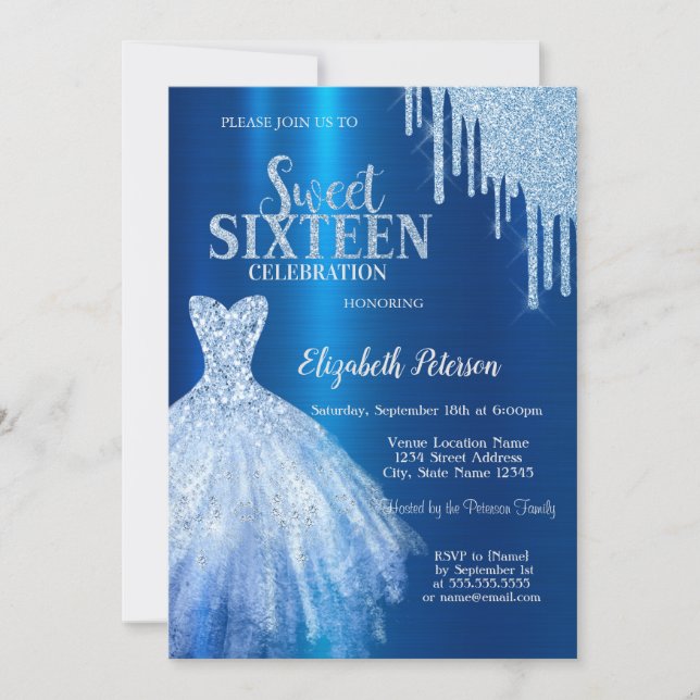 Blue Glitter Drips,Metallic Blue Dress  Invitation (Front)