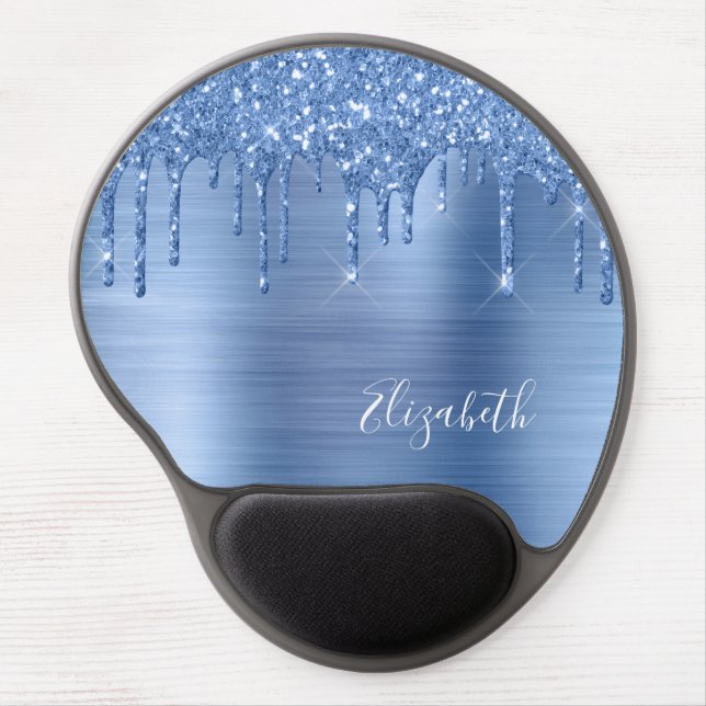 Blue Glitter Drips Monogram Gel Mouse Pad (Front)
