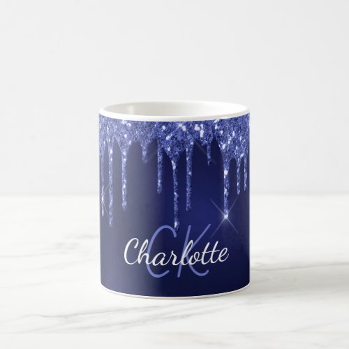 Blue glitter drips name monogram initials script coffee mug