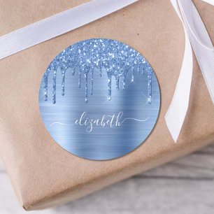 Blue Glitter Drips Personalized Classic Round Sticker