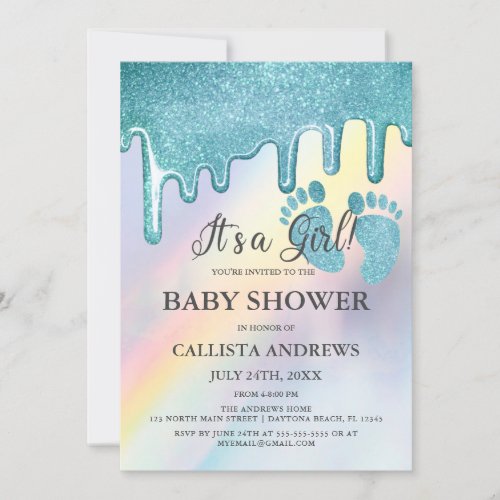 Blue Glitter Drips Rainbow Holographic Baby Shower Invitation