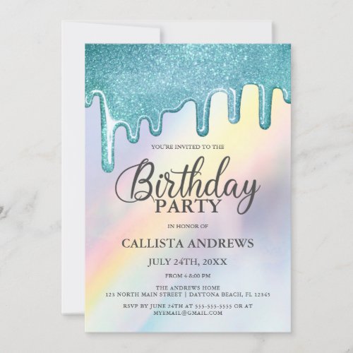 Blue Glitter Drips Rainbow Holographic Birthday Invitation