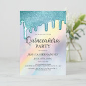 Blue Glitter Drips Rainbow Holographic Quinceañera Invitation (Standing Front)