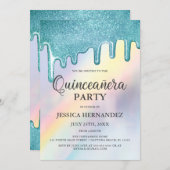Blue Glitter Drips Rainbow Holographic Quinceañera Invitation (Front/Back)