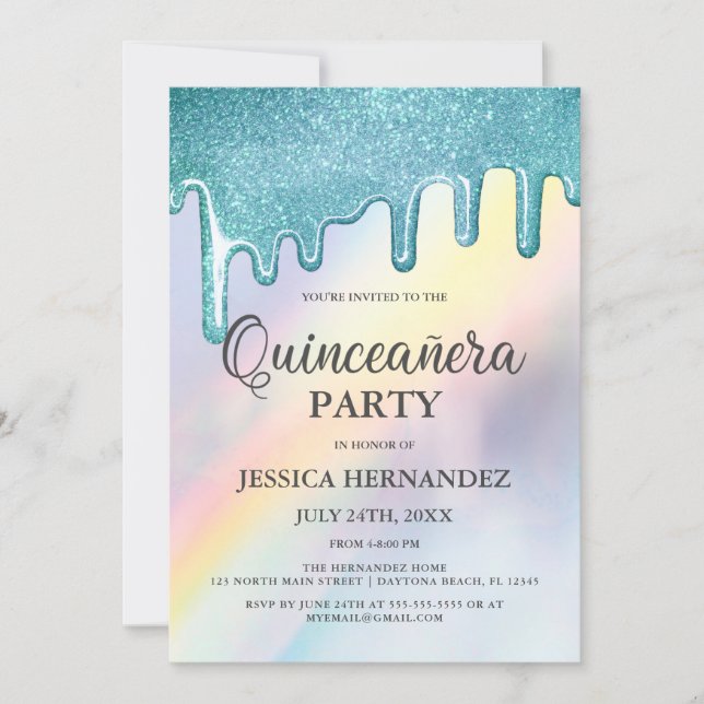 Blue Glitter Drips Rainbow Holographic Quinceañera Invitation (Front)