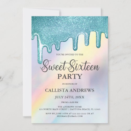 Blue Glitter Drips Rainbow Holographic Sweet 16 Invitation