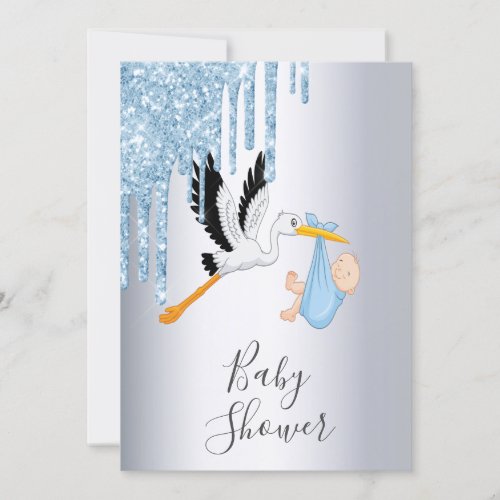 Blue glitter drips silver stork boy baby shower invitation