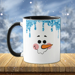 Blue Glitter Drips Snowman Face Holiday Mug
