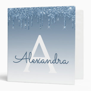 Blue Glitter Drips Sparkle Monogram 3 Ring Binder