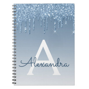 Blue Glitter Drips Sparkle Monogram Notebook