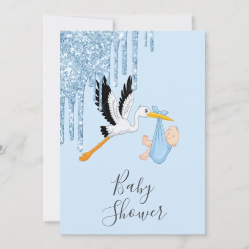Blue glitter drips stork boy baby shower invitation