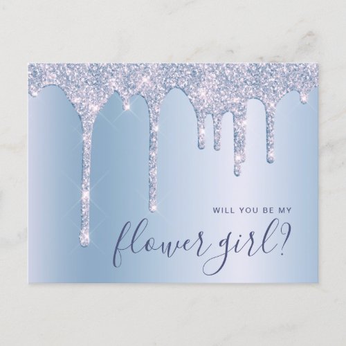 Blue glitter drips will you be my flower girl invitation postcard