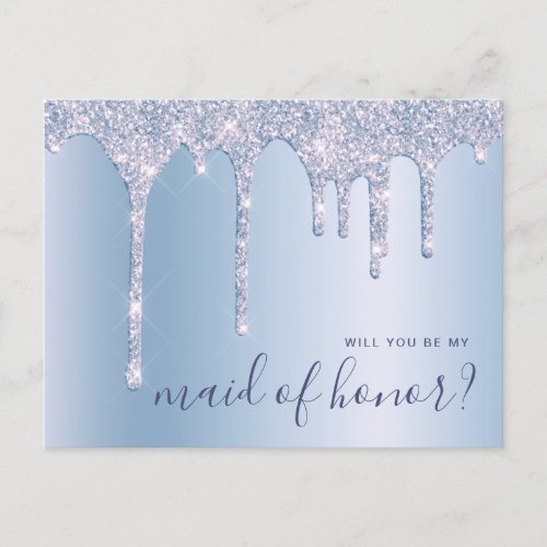 Blue glitter drips will you be my maid of honor invitation postcard