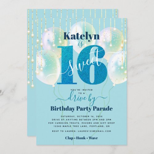 Blue Glitter Drive By Sweet 16 Birthday Balloons Invitation
