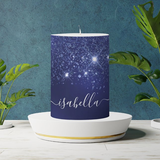 Blue glitter dust monogram name script pillar candle (Creator Uploaded)