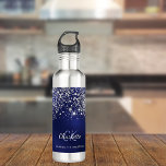 Blue glitter dust silver monogram name script  stainless steel water bottle<br><div class="desc">A blue background. The blue color is uneven. Decorted with faux glitter dust. Personalize and add a name,  monogram initials and full name.  The first name is written with a modern hand lettered style script.</div>