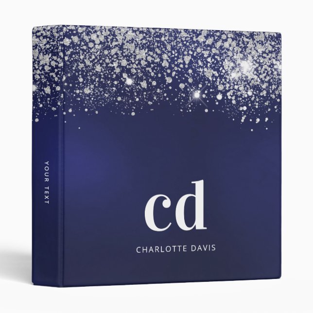 Blue glitter dust white monogram name silver  3 ring binder (Front/Spine)
