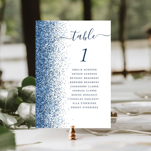 Blue Glitter Edge White Wedding Table Number