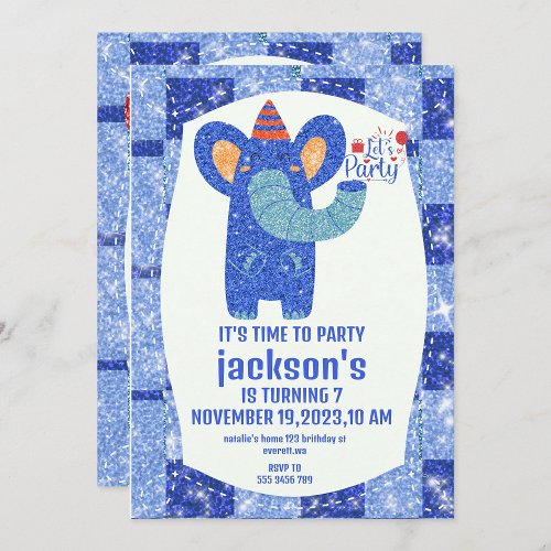 Blue Glitter Elephant  Brithday Party Invitation