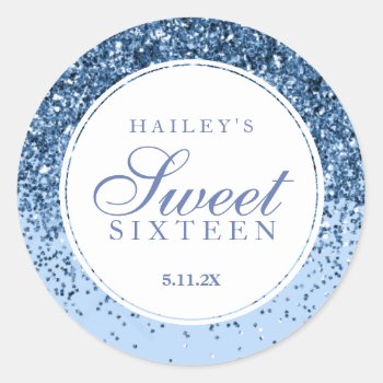 Blue Glitter Fab Sweet Sixteen   Classic Round Sticker by Evented at Zazzle