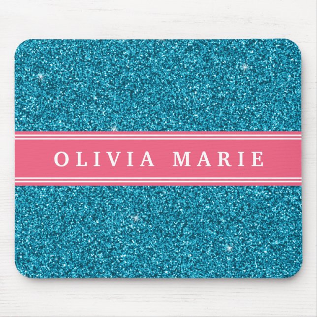 Blue Glitter (faux) Pink Personalized Name Mouse Pad (Front)