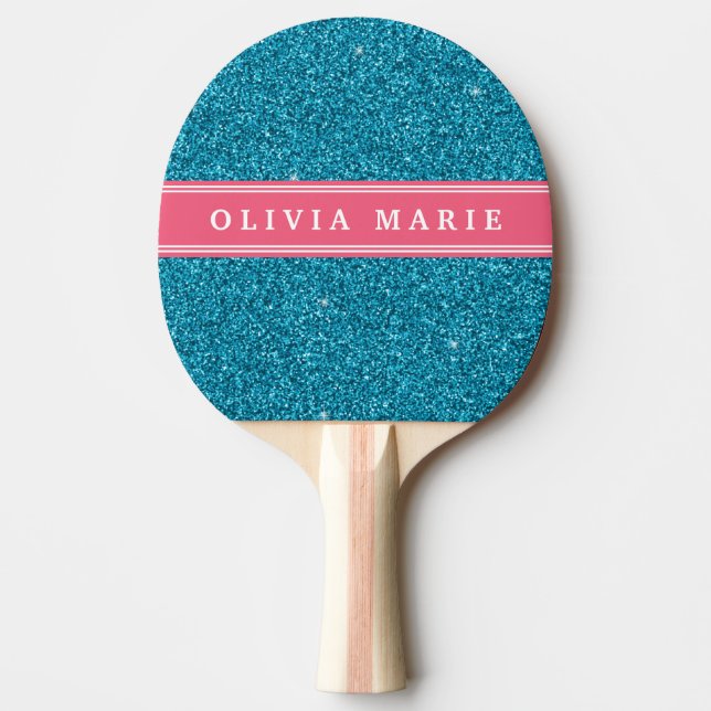 Blue Glitter (faux) Pink Personalized Name Ping Pong Paddle (Front)