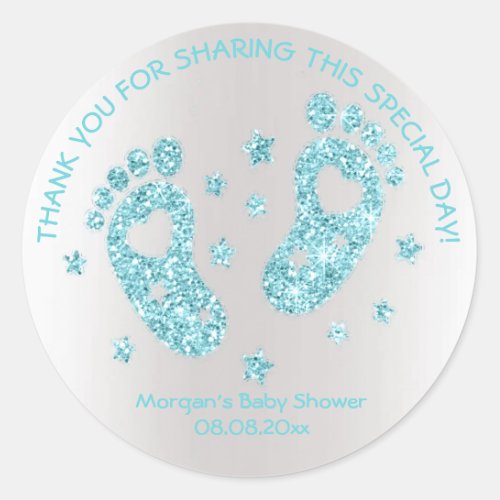 Blue Glitter Feet Baby Shower Favor Thank Classic Round Sticker