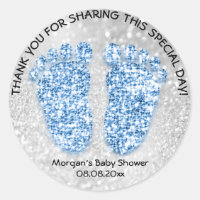 Blue Glitter Feet Baby Shower Favor Thank Girl Boy Classic Round Sticker