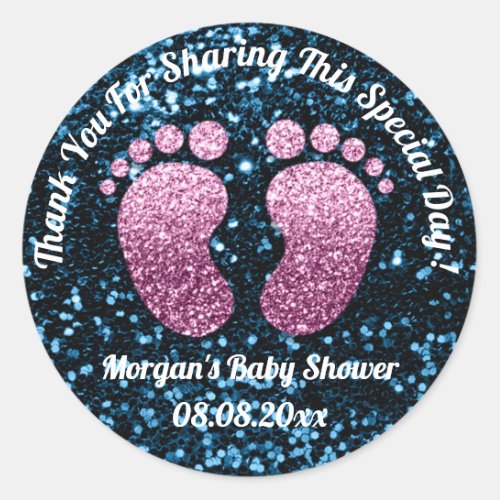 Blue Glitter Feet Baby Shower Favor Thank You Classic Round Sticker